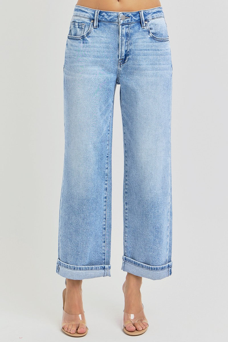 Mid Rise Cuff Boyfriend Jeans in Light Wash