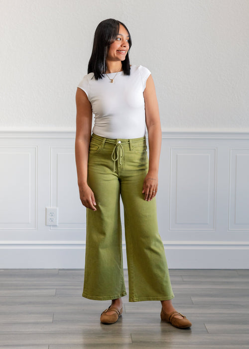 High Rise Drawstring Crop Wide Pants in Eucalyptus