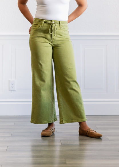 High Rise Drawstring Crop Wide Pants in Eucalyptus