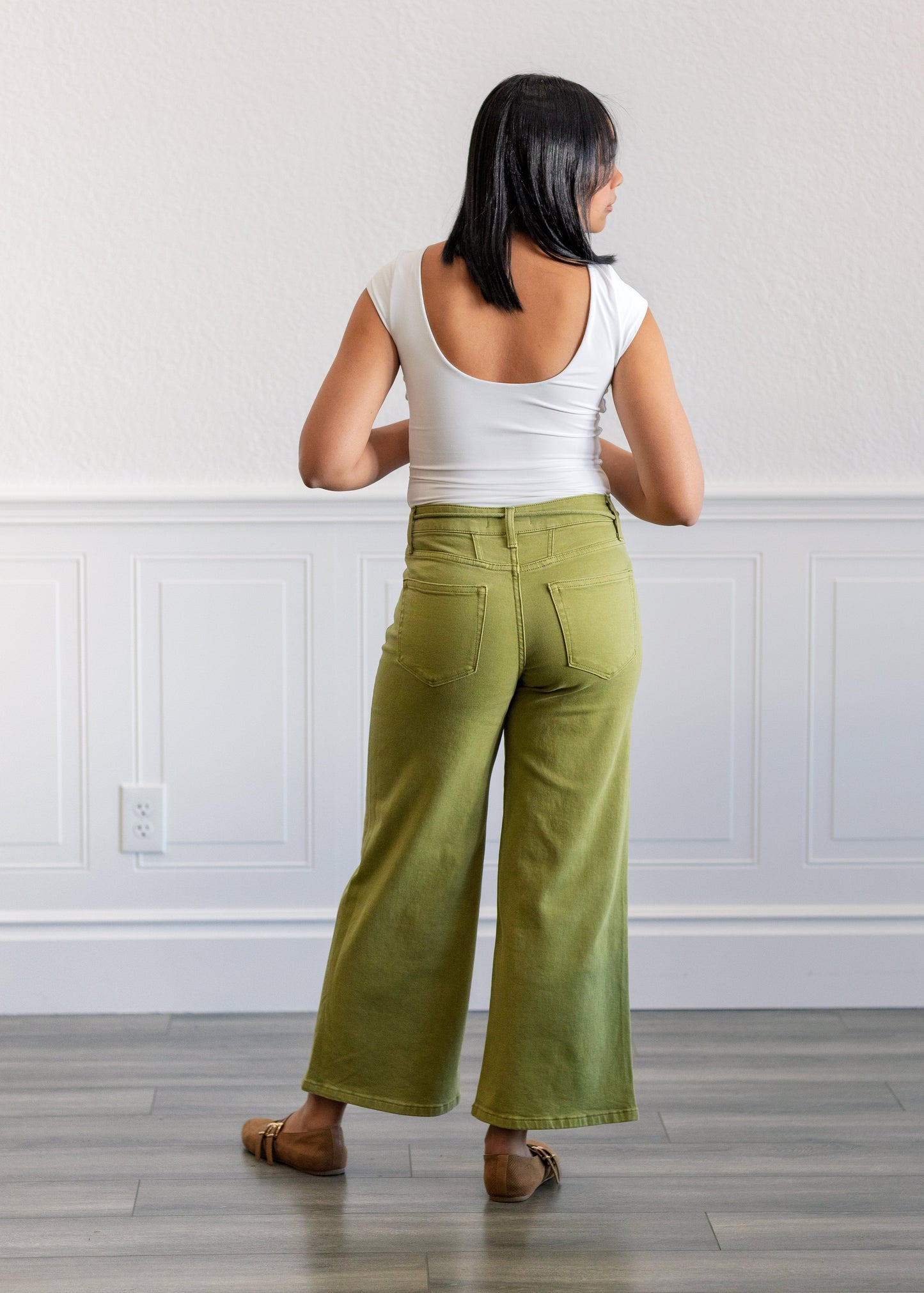 High Rise Drawstring Crop Wide Pants in Eucalyptus