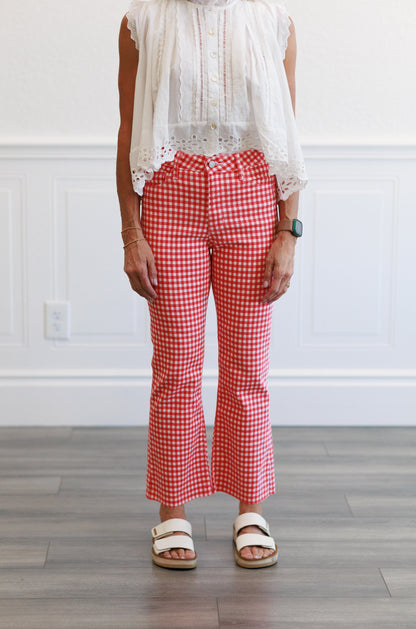 High Rise Tonal Crop Flare Jeans in Red Gingham
