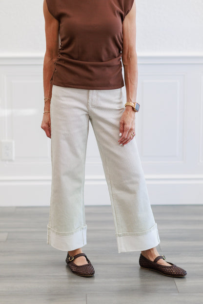 Pinstripe Wide Leg Cuffed Pants