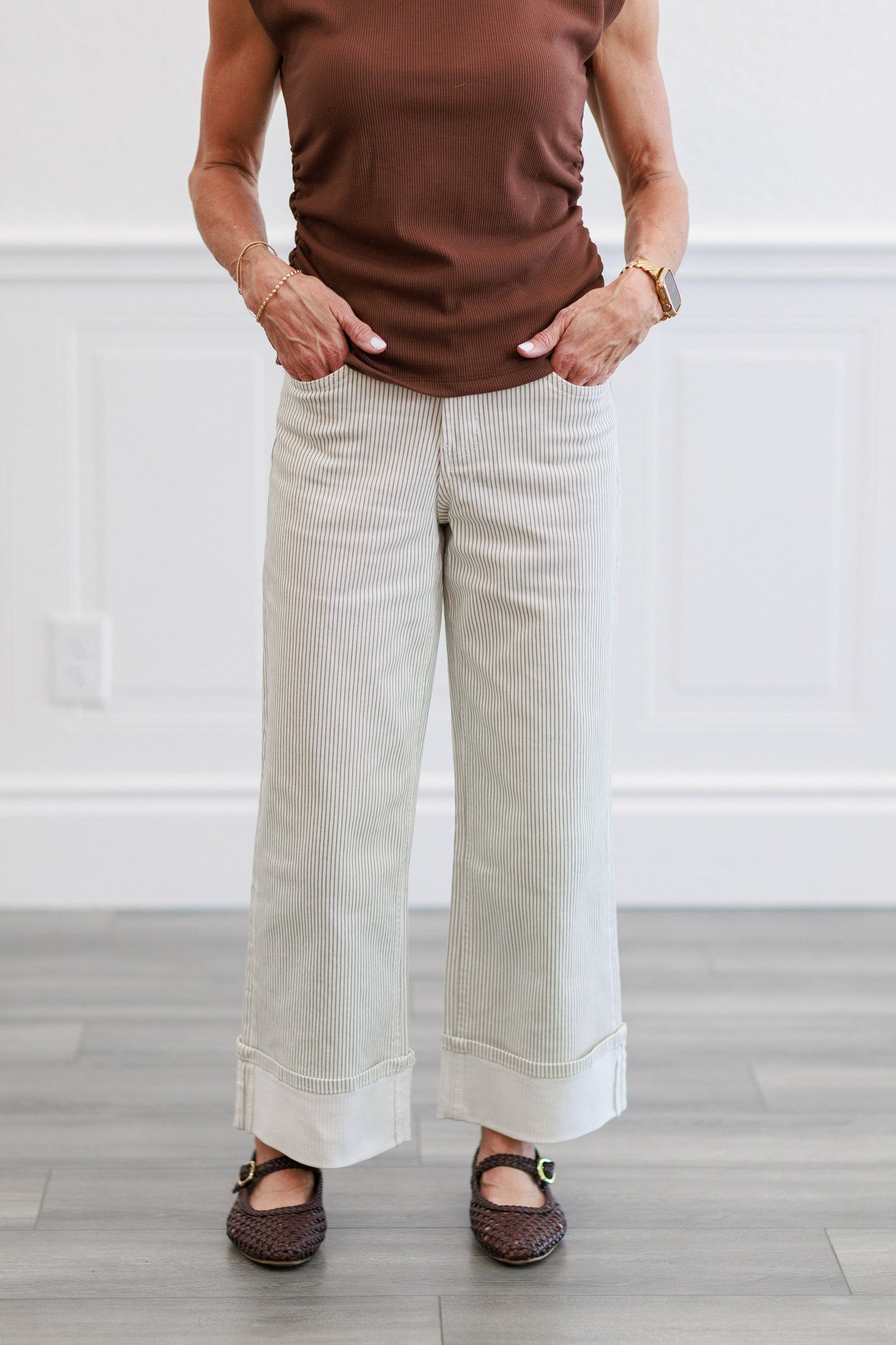 Pinstripe Wide Leg Cuffed Pants