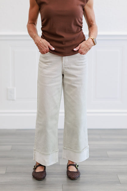 Pinstripe Wide Leg Cuffed Pants
