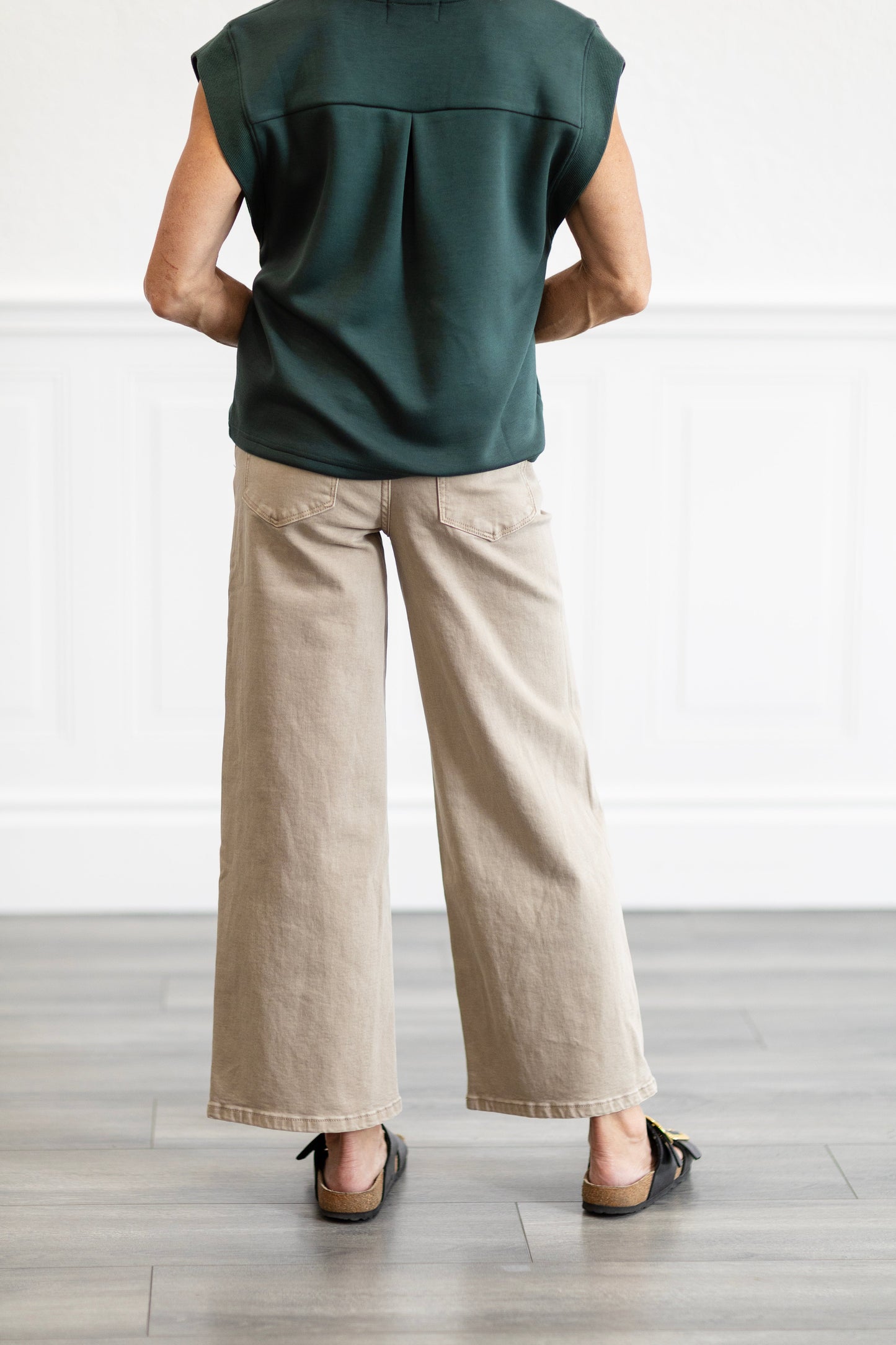 High Rise Taupe Drawstring Crop Wide Leg Jeans