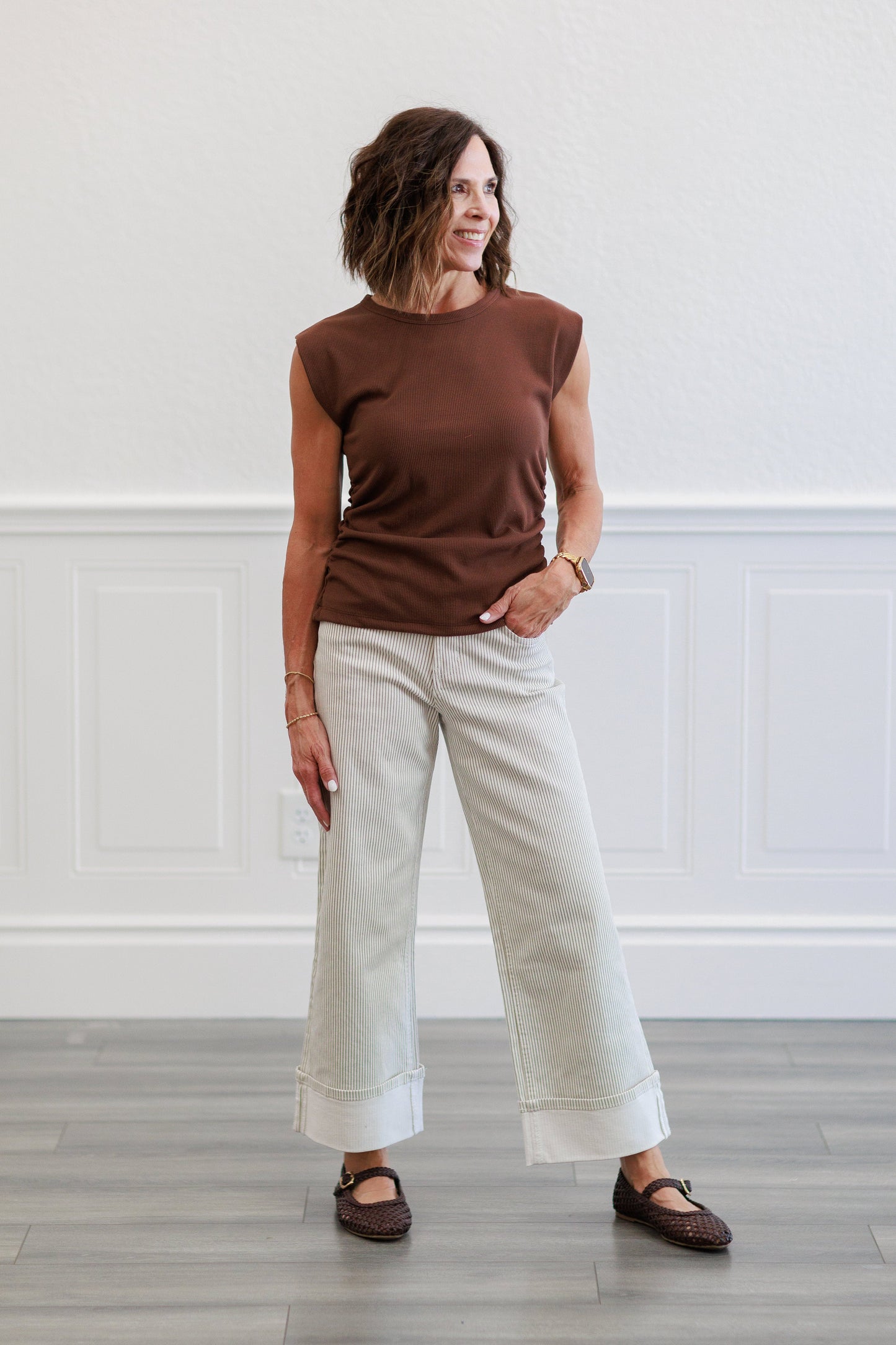 Pinstripe Wide Leg Cuffed Pants