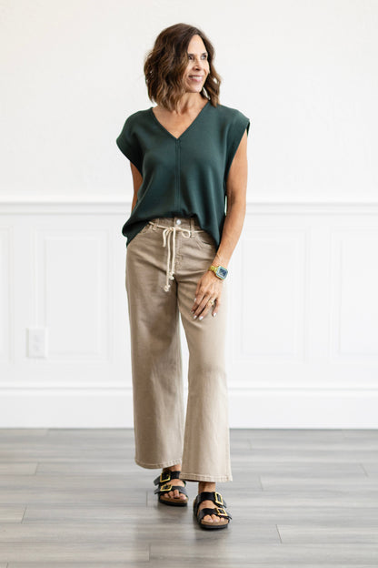 High Rise Taupe Drawstring Crop Wide Leg Jeans