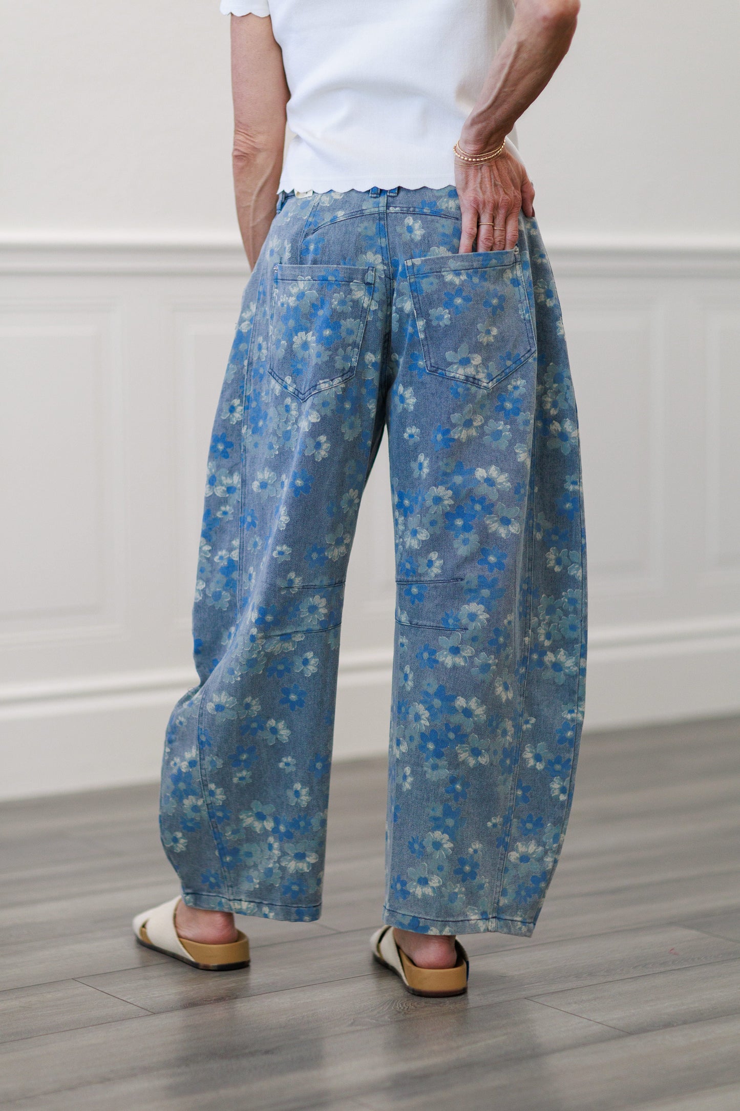 Denim Floral Wide Leg Jeans