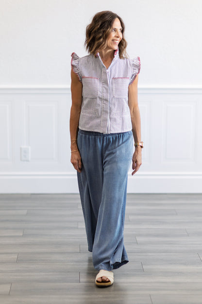 Smocked Waist Wide Leg Chambray Pants in Dark Denim