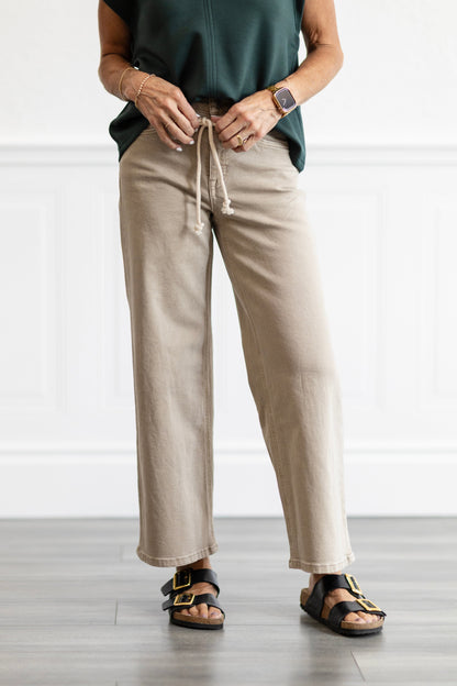 High Rise Taupe Drawstring Crop Wide Leg Jeans