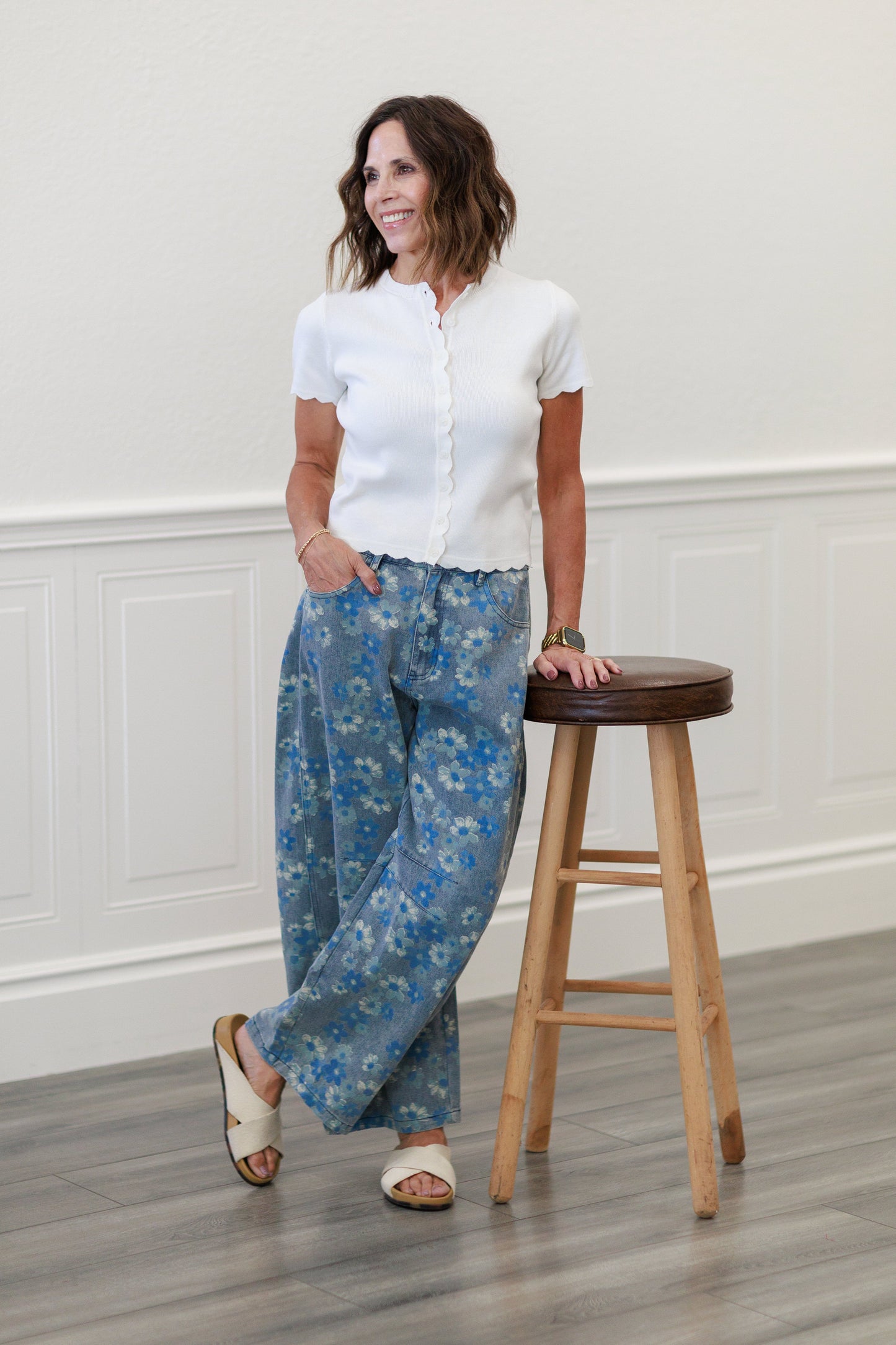 Denim Floral Wide Leg Jeans
