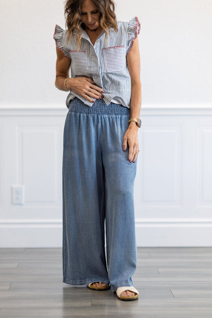 Smocked Waist Wide Leg Chambray Pants in Dark Denim