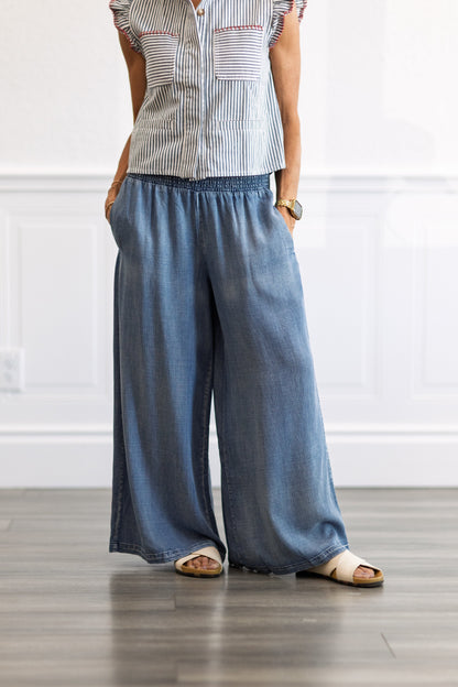 Smocked Waist Wide Leg Chambray Pants in Dark Denim