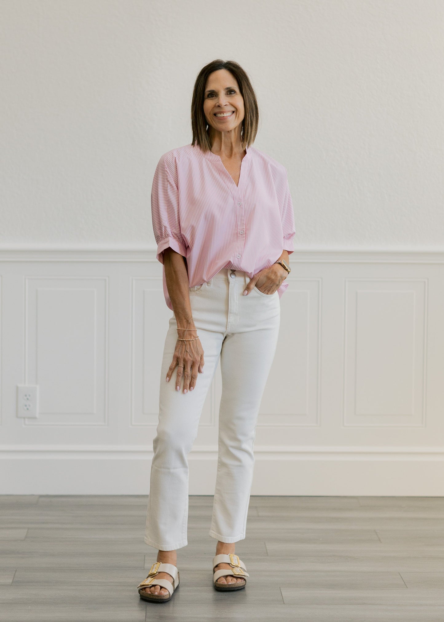 Double Button Straight Jeans in Off White