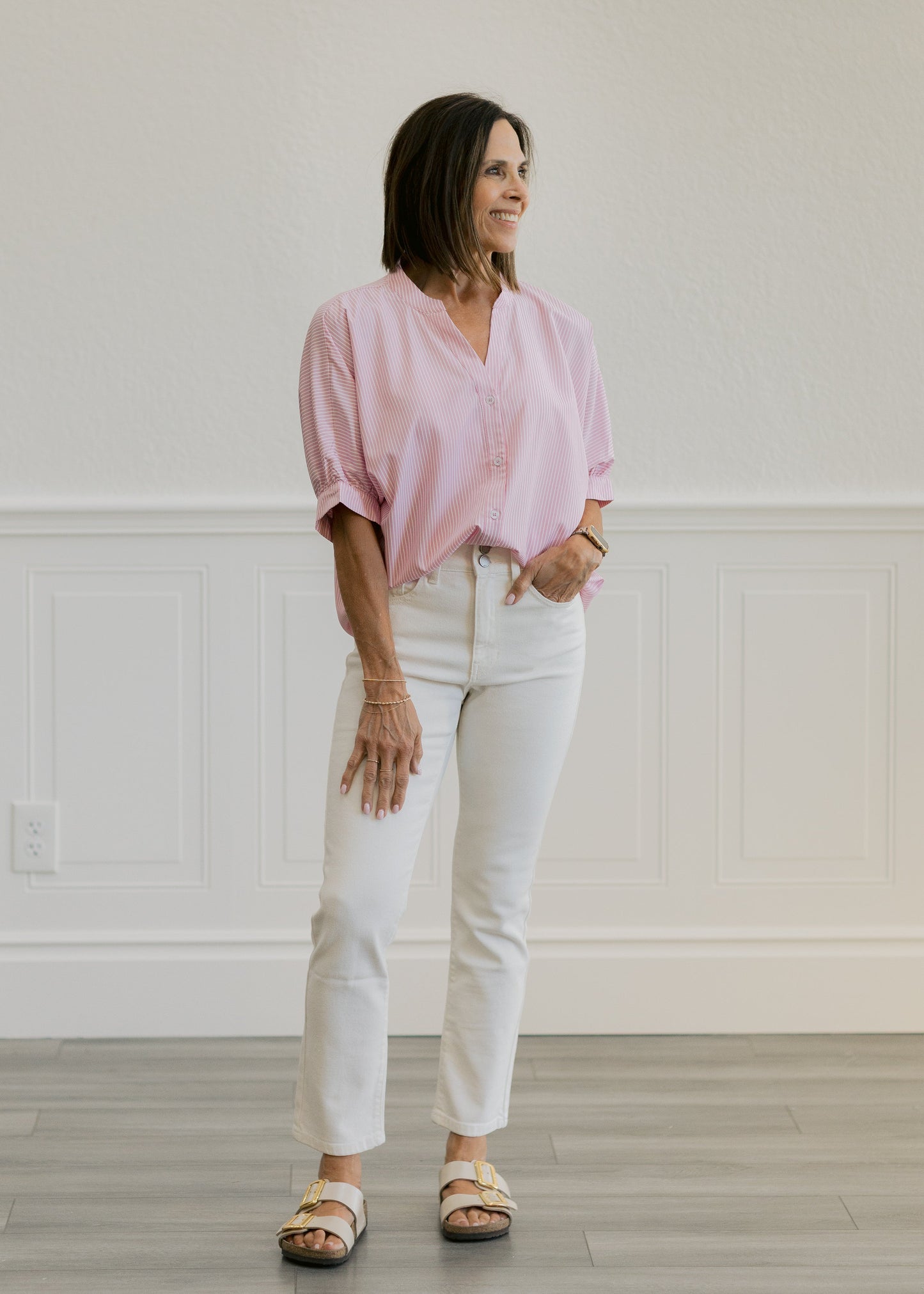 Double Button Straight Jeans in Off White