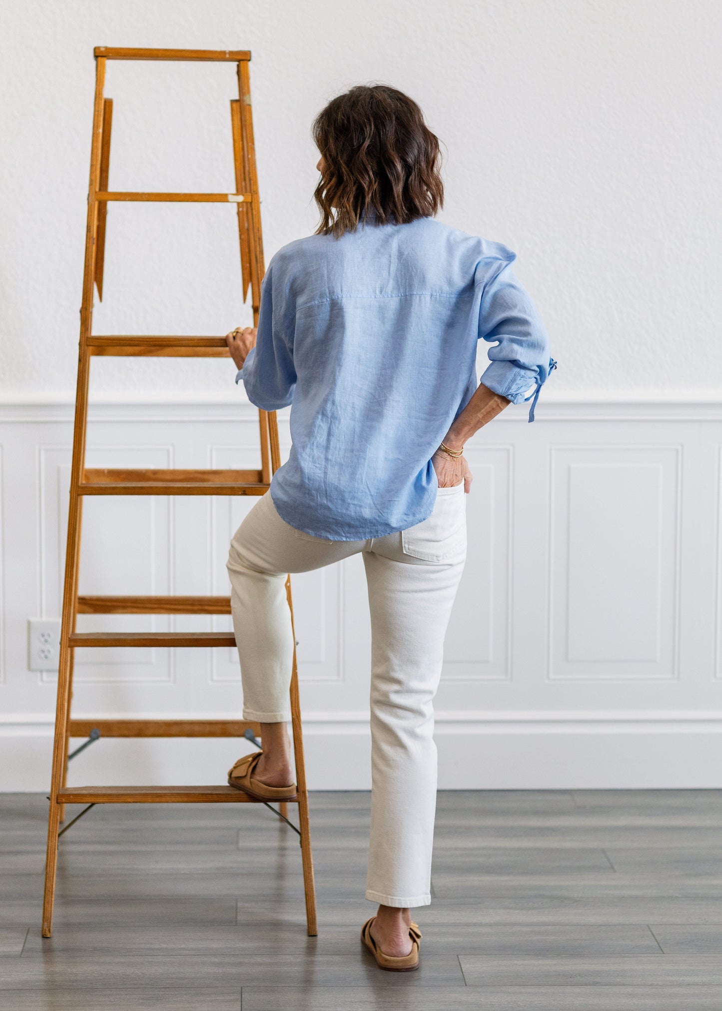 Double Button Straight Jeans in Off White